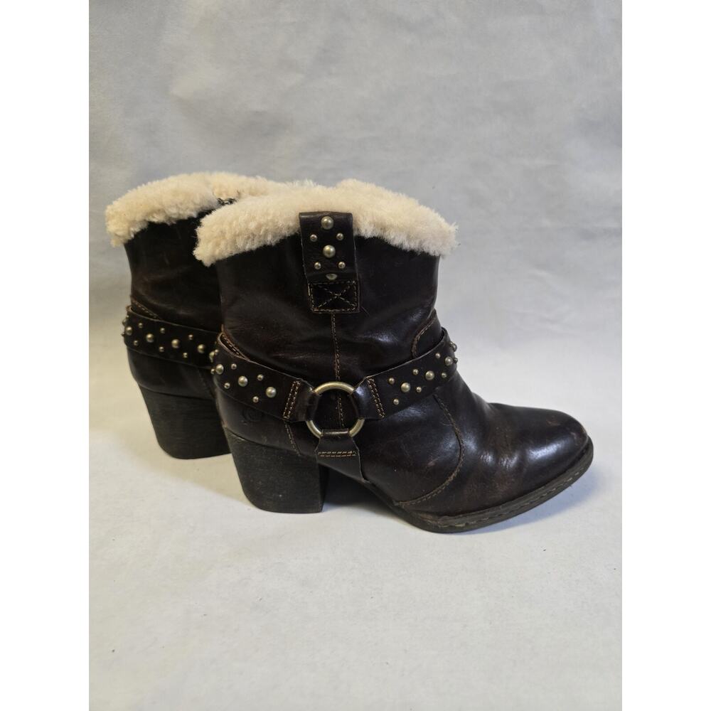 Born Ankle Harness Boots Womens Sz 6 Brown Sheep Shearling Lined Leather Studded